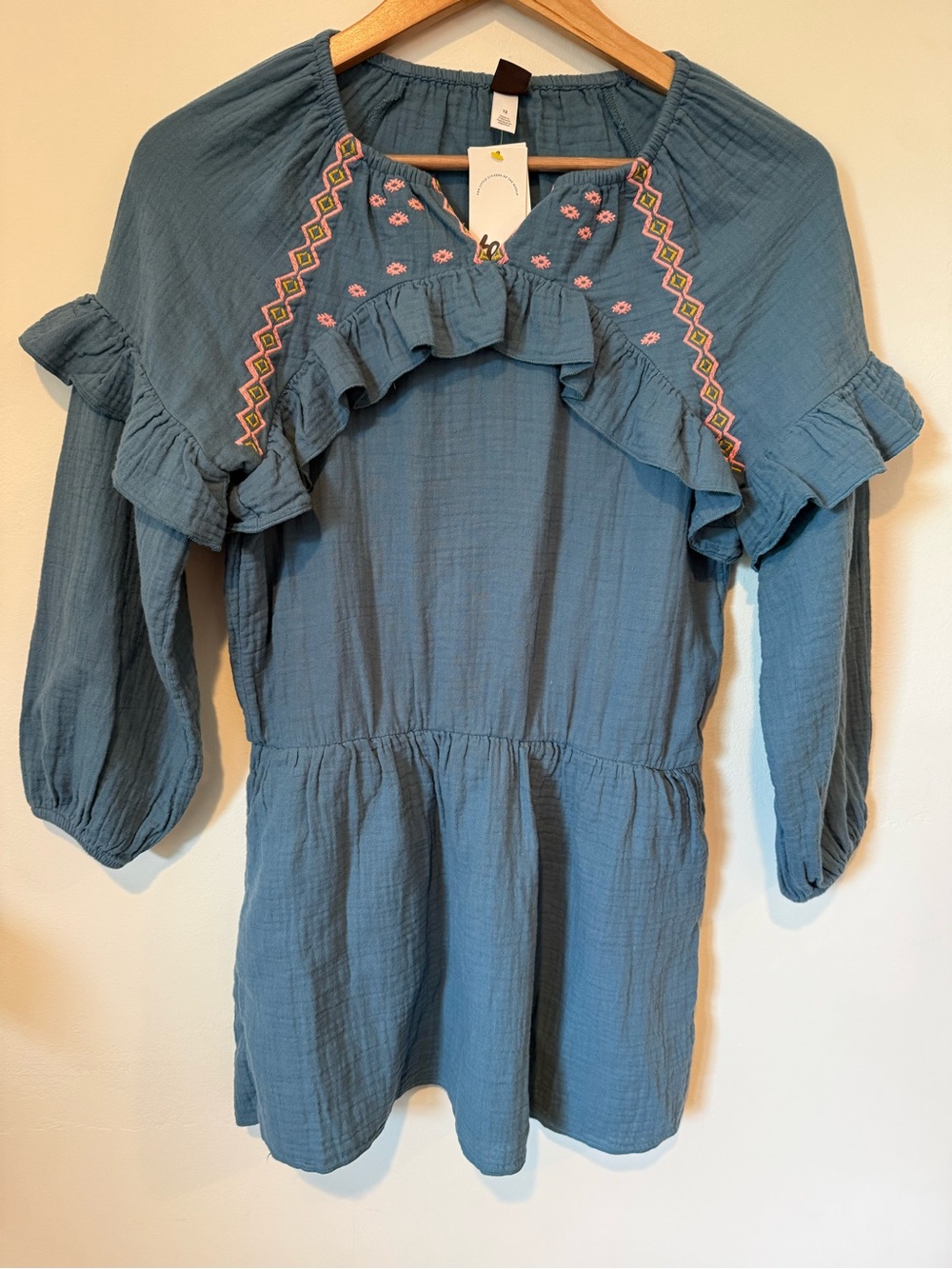 Tea Collection Dusty Blue Ruffle Dress with Embroidered Accents